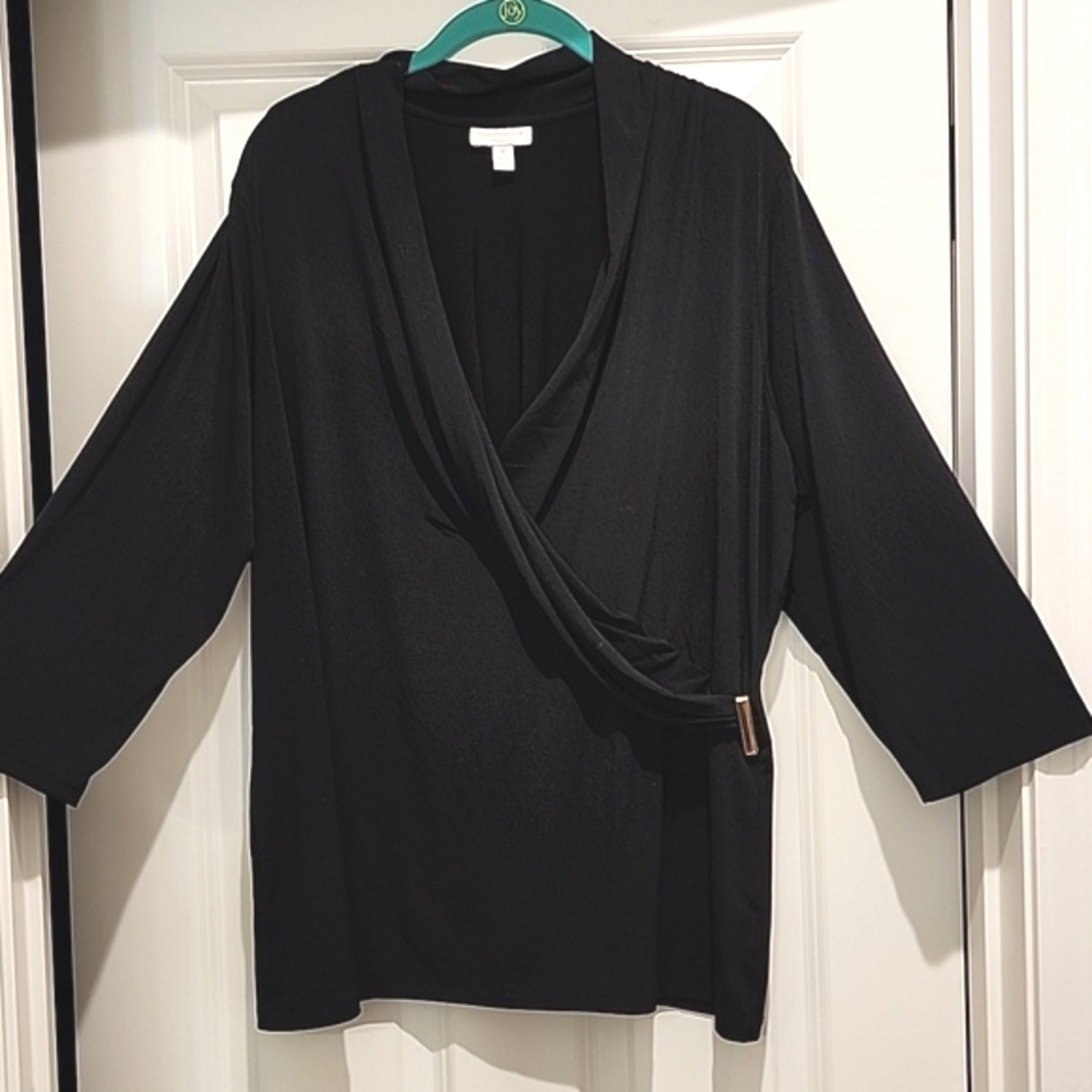 Charter Club v neck black faux wrap blouse with gold embellishment 2x